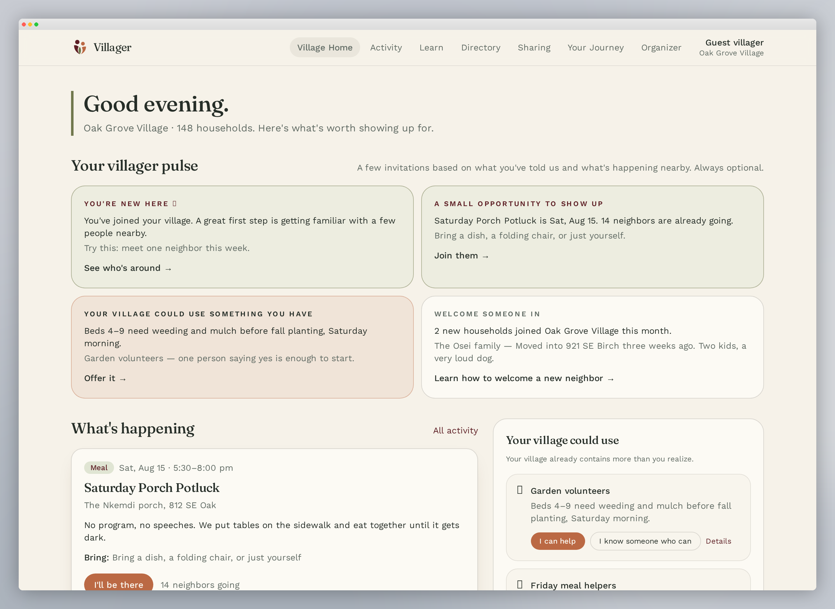 Screenshot of the Villager platform dashboard showing villager pulse invitations, upcoming gatherings, and community needs