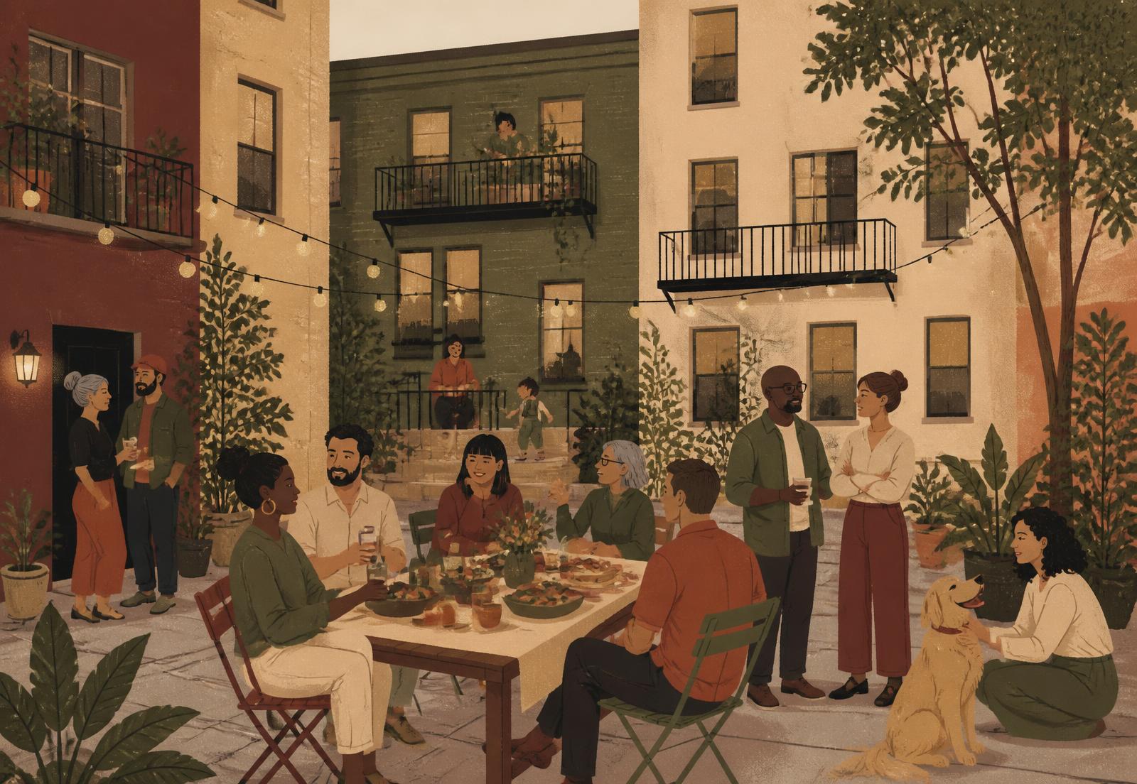 Neighbors sharing a meal in an apartment courtyard under string lights
