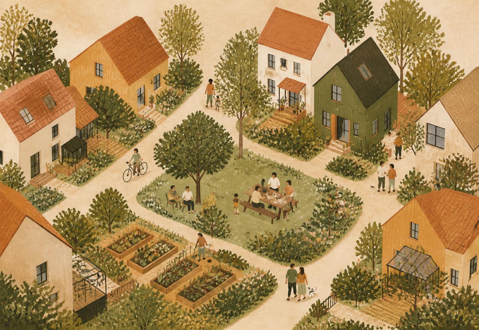 Illustrated aerial view of a neighborhood commons with houses, gardens, footpaths and neighbors gathering